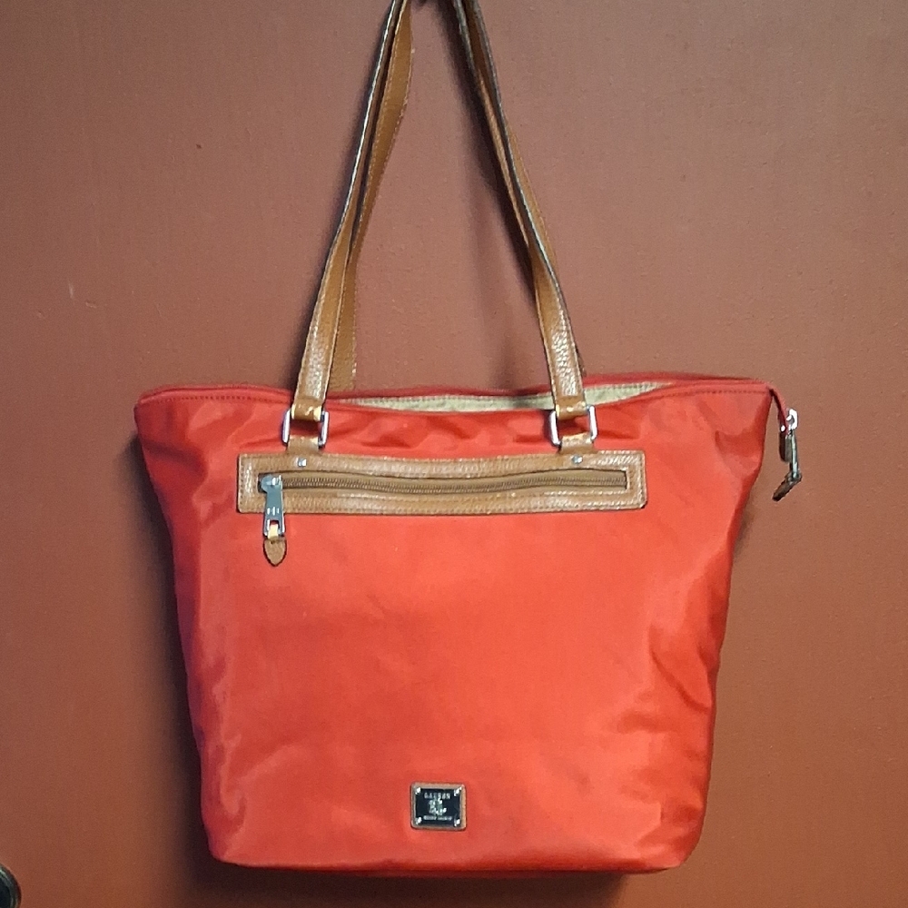 Stylish Red Ralph Lauren Tote with Tan Details